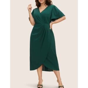 BLOOMCHIC 14-16 1X Plus Green Solid Pleated Ruffle Sleeve Wrap Hem Dress B136